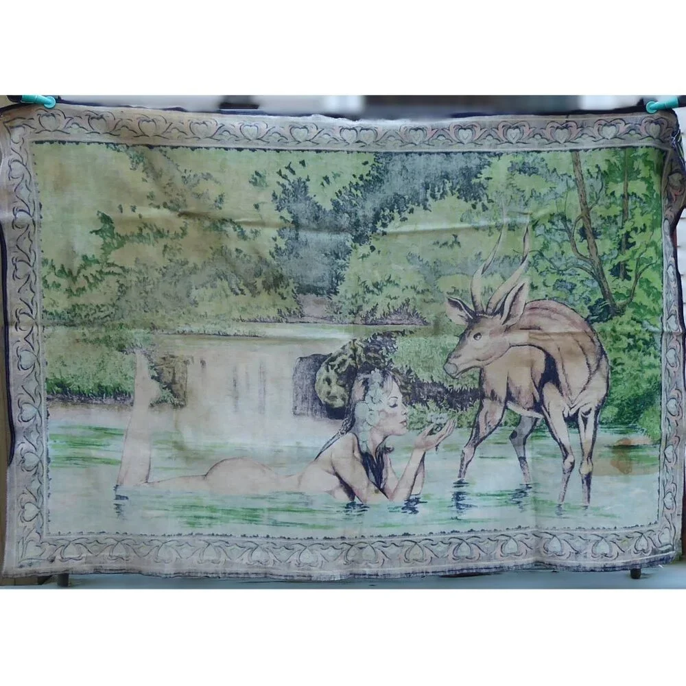 Vintage RT RTC Velvet Felt Tapestry Nude Nymph Fairy Goddess Gazelle 48 x 32